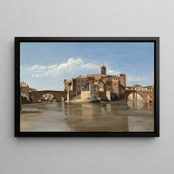 the L'île and the bridge of San Bartolomeo, Rome - Jean-Baptiste-Camille Corot — framed artwork on a wall
