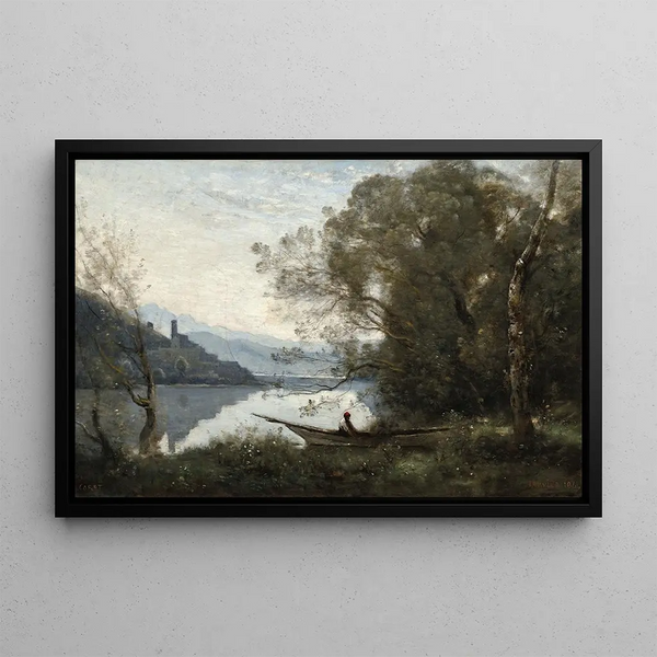 The Docked Boatman, Souvenir of an Italian Lake - Jean-Baptiste-Camille Corot — framed artwork on a wall