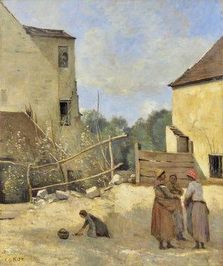 JeanBaptisteCamille Corot - Trois Paysannes Causant Dans Une Cour Rustique.webp