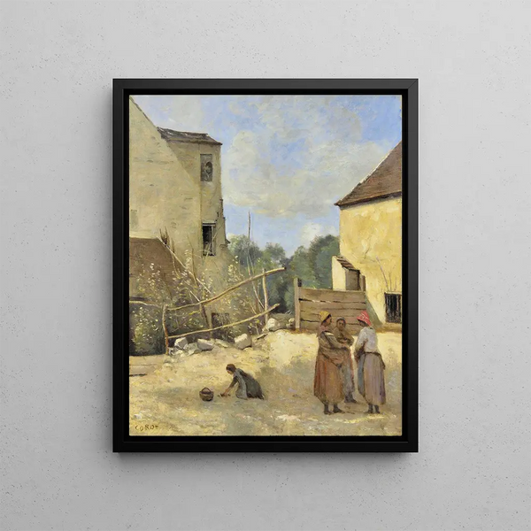 Three peasant women chatting in a rustic courtyard - Jean-Baptiste-Camille Corot — framed artwork on a wall