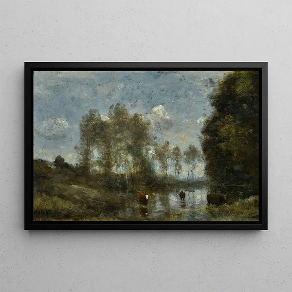 Three Cows in a Marsh - Jean-Baptiste-Camille Corot — framed artwork on a wall