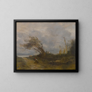 A gust of wind by the sea - Jean-Baptiste-Camille Corot — framed artwork on a wall