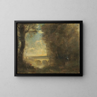 a Fisherman at the Line, Souvenir of the Mantes Bridge - Jean-Baptiste-Camille Corot — framed artwork on a wall