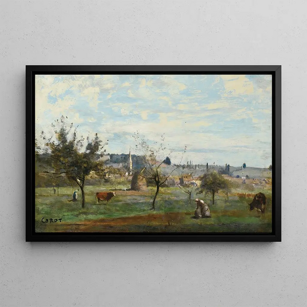 a Village in the Environs of Mantes - Jean-Baptiste-Camille Corot — framed artwork on a wall