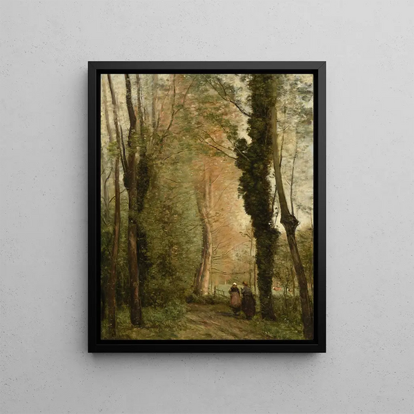 a Path Under the Trees in Spring - Jean-Baptiste-Camille Corot — framed artwork on a wall