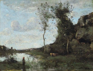 a Peasant Woman and Her Cow, the Pond in View of a Village - Jean-Baptiste-Camille Corot — artwork view