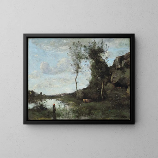 a Peasant Woman and Her Cow, the Pond in View of a Village - Jean-Baptiste-Camille Corot — framed artwork on a wall