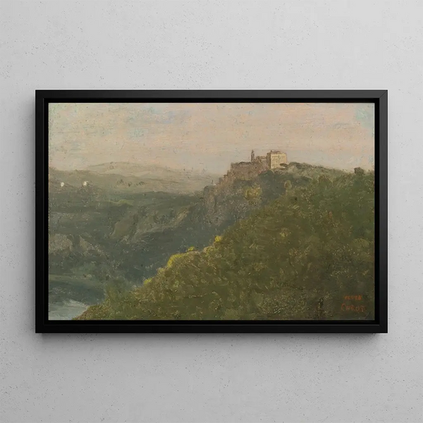 View of Lake Nemi with Genzano in the Distance - Jean-Baptiste-Camille Corot — framed artwork on a wall
