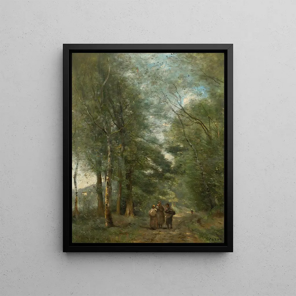Ville d'Avray Peasants conversing on the path along the pond - Jean-Baptiste-Camille Corot — framed artwork on a wall