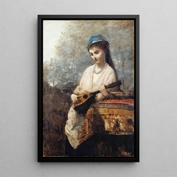 Young Girl with a Mandolin - Jean-Baptiste-Camille Corot — framed artwork on a wall