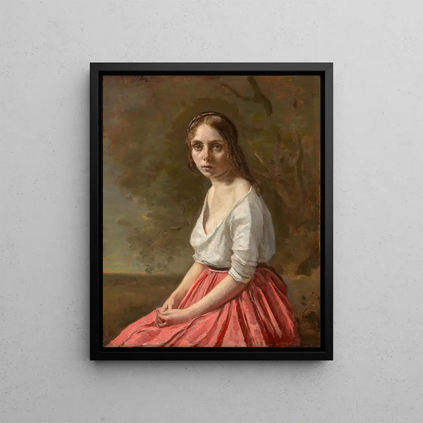 Young woman in pink skirt - Jean-Baptiste-Camille Corot — framed artwork on a wall