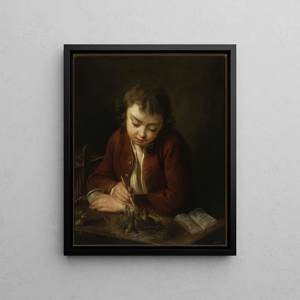 Boy feeding chicks - Jean-Baptiste Charpentier — framed artwork on a wall