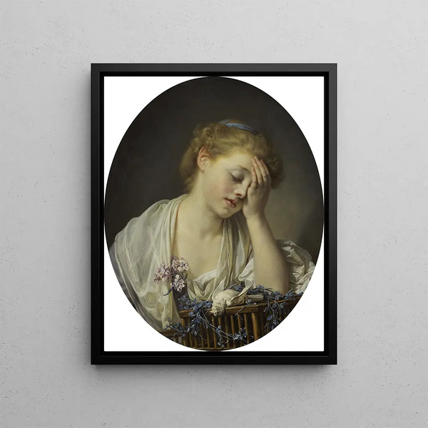 a girl with a dead canary - Jean-Baptiste Greuze — framed artwork on a wall