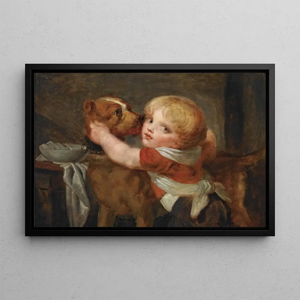 a young boy with a dog - Jean-Baptiste Greuze — framed artwork on a wall