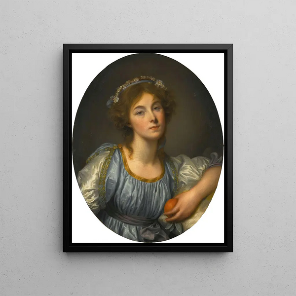 a young girl holding an orange - Jean-Baptiste Greuze — framed artwork on a wall