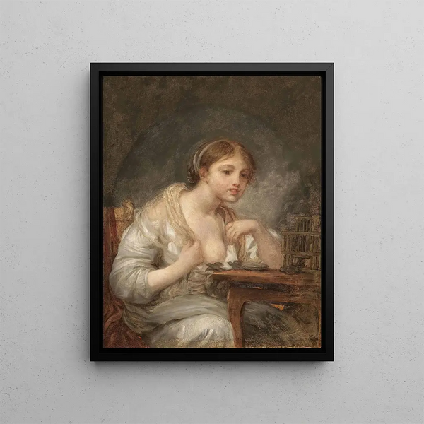 A young woman with a birdcage - Jean-Baptiste Greuze — framed artwork on a wall