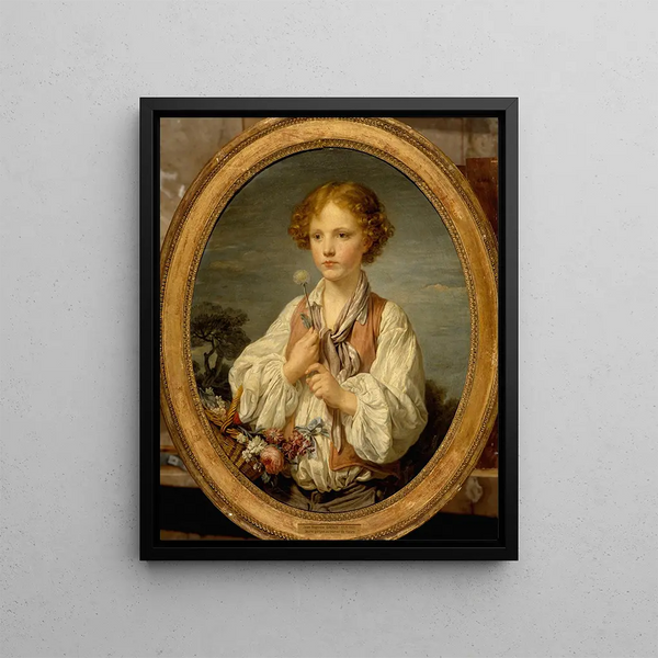Young shepherd trying his luck to find out if he is loved by his shepherdess - Jean-Baptiste Greuze — framed artwork on a wall