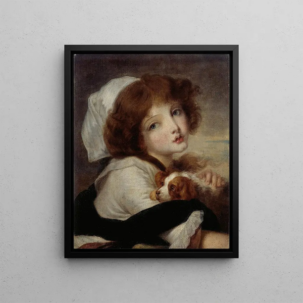 Portrait of a Little Girl with a Small Dog - Jean-Baptiste Greuze — framed artwork on a wall