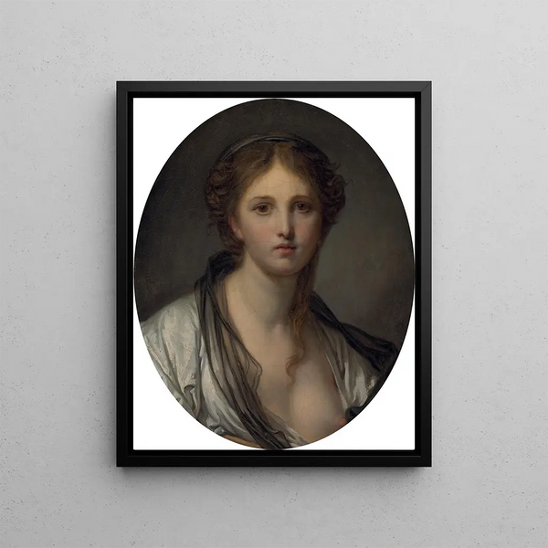Portrait of a young woman in bust with a black scarf - Jean-Baptiste Greuze — framed artwork on a wall