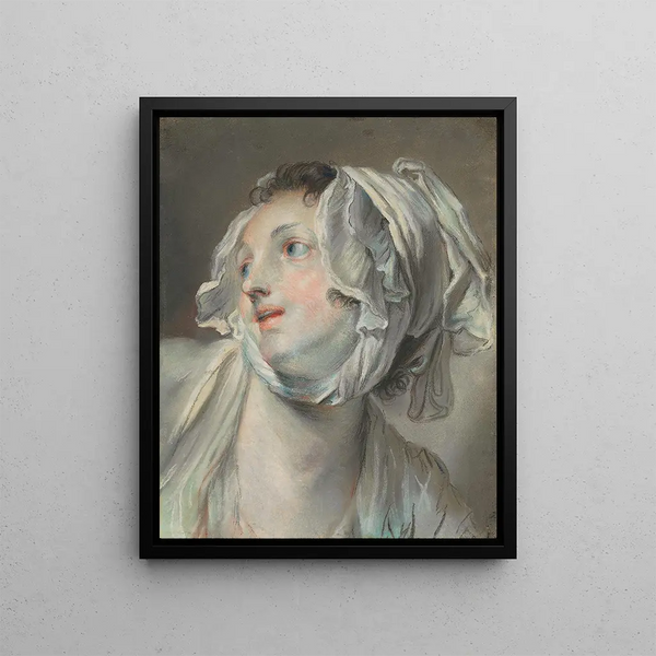 The Head of a Young Woman Wearing a Bonnet and Looking to the Left - Jean-Baptiste Greuze — framed artwork on a wall