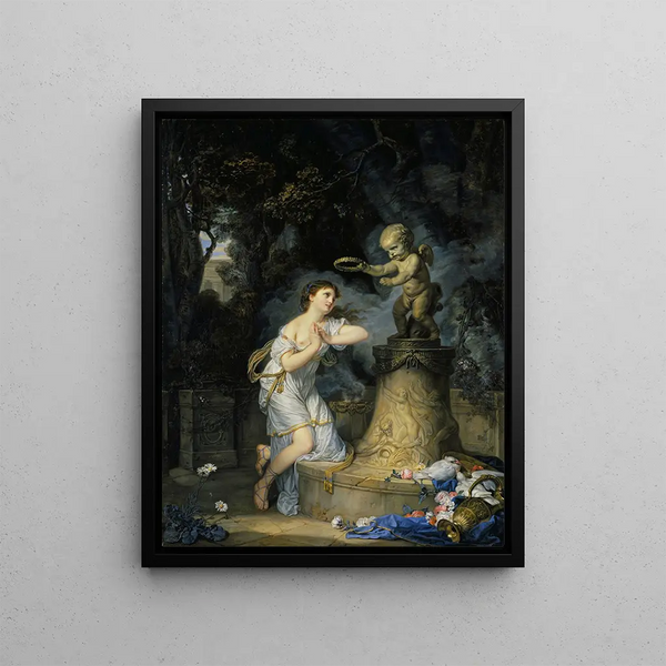 A young girl praying at the foot of the altar of Love - Jean-Baptiste Greuze — framed artwork on a wall