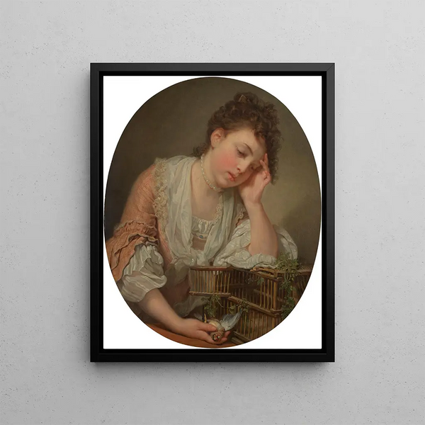 A young girl mourning the death of her bird - Jean-Baptiste Greuze — framed artwork on a wall