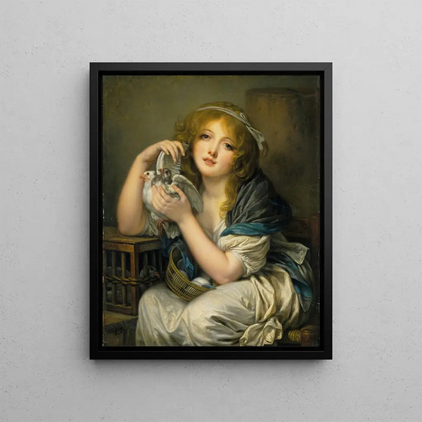 Woman with doves - Jean-Baptiste Greuze — framed artwork on a wall