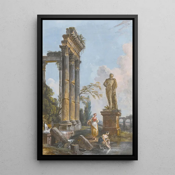 View of a ruined temple with washerwomen - Jean-Baptiste Lallemand — framed artwork on a wall
