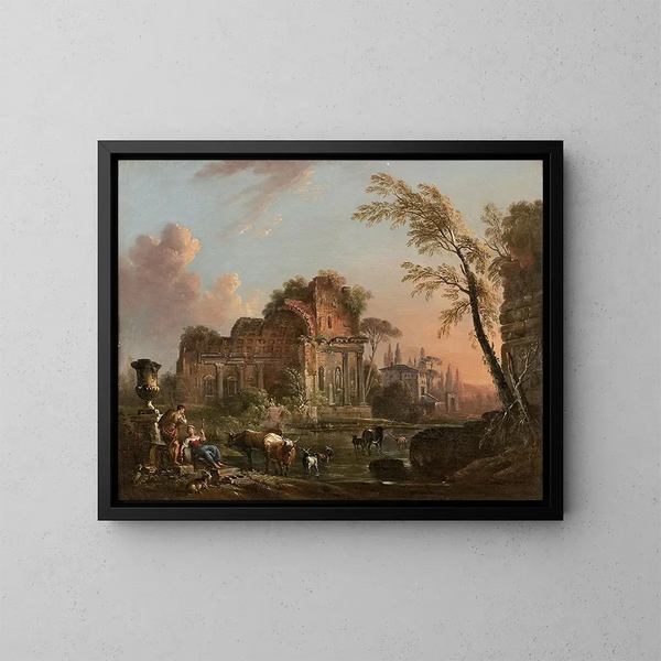 Shepherds near ancient ruins in a landscape - Jean-Baptiste Lallemand — framed artwork on a wall
