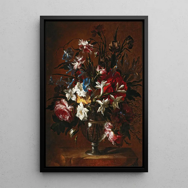 Carnations, roses, lilies, and other flowers in a vase on a ledge - Jean-Baptiste Monnoyer — framed artwork on a wall