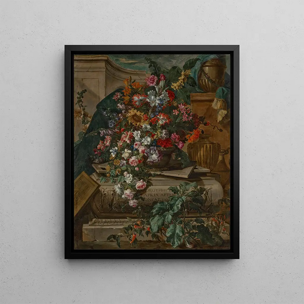 Flowers in an Urn on a Sarcophagus - Jean-Baptiste Monnoyer — framed artwork on a wall