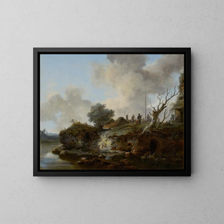 Russian Peasants Playing with a Parrot near a River - Jean-Baptiste Nicolas Le Prince — framed artwork on a wall