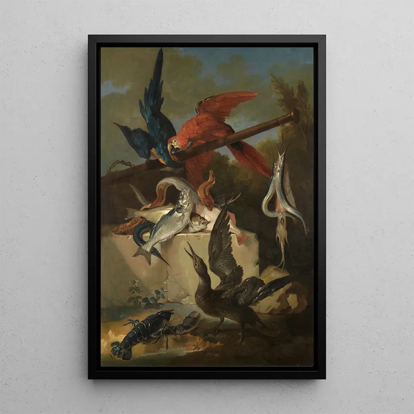 Fish, sea birds and parrots - Jean-Baptiste Oudry — framed artwork on a wall
