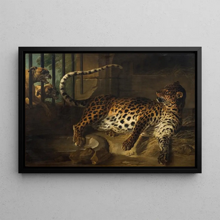 Leopard in a cage confronts two mastiffs - Jean-Baptiste Oudry — framed artwork on a wall