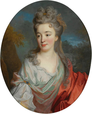 JeanBaptiste Oudry - Portrait Of A Lady Half Length With A White Shirt And Red Sash A Landscape Beyond.webp