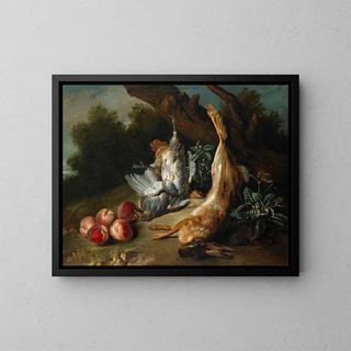 Still life with dead game and peaches in a landscape - Jean-Baptiste Oudry — framed artwork on a wall