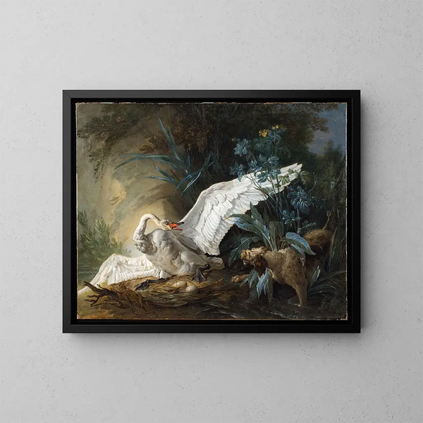 a surprising water spaniel on its nest with a swan - Jean-Baptiste Oudry — framed artwork on a wall