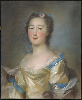 JeanBaptiste Perronneau - A Young Lady in a Yellow Gown with Blue Ribbons.webp