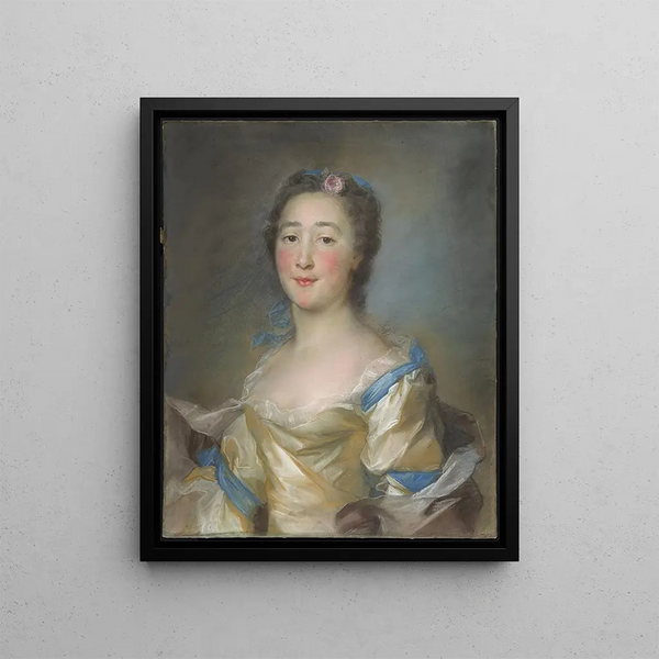 a young woman in a yellow dress with blue ribbons - Jean-Baptiste Perronneau — framed artwork on a wall