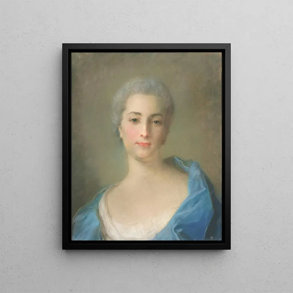 Portrait painting of a young woman, perhaps Mrs. d'Anglure - Jean-Baptiste Perronneau — framed artwork on a wall