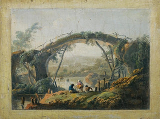 a pair of river landscapes with figures approaching a bridge - Jean-Baptiste Pillement — artwork view