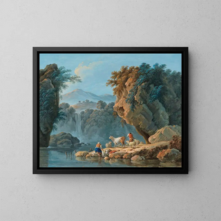a couple of shepherds in a mountainous landscape - Jean-Baptiste Pillement — framed artwork on a wall