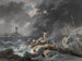 a shipwreck on a coast during a storm with a lighthouse in the distance - Jean-Baptiste Pillement — artwork view