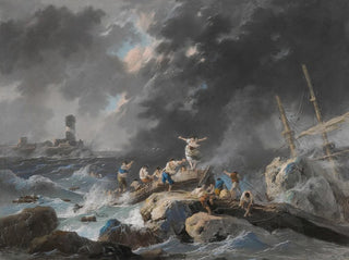 a shipwreck on a coast during a storm with a lighthouse in the distance - Jean-Baptiste Pillement — artwork view