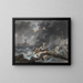a shipwreck on a coast during a storm with a lighthouse in the distance - Jean-Baptiste Pillement — framed artwork on a wall