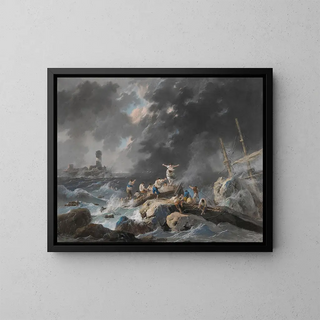 a shipwreck on a coast during a storm with a lighthouse in the distance - Jean-Baptiste Pillement — framed artwork on a wall
