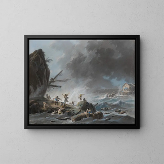 a shipwreck on a rocky coast during a storm - Jean-Baptiste Pillement — framed artwork on a wall