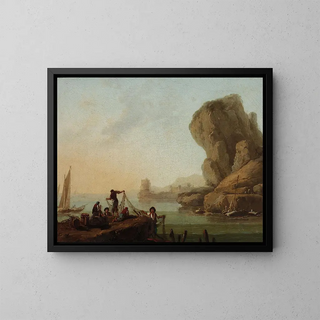 Fishermen pulling nets ashore - Jean-Baptiste Pillement — framed artwork on a wall