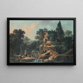 La Vieille Ferme, pastoral landscape - Jean-Baptiste Pillement — framed artwork on a wall