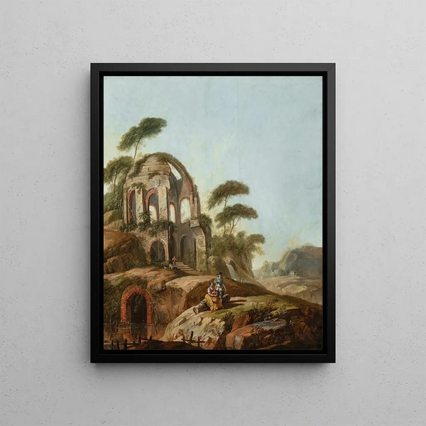 Landscape painting with the ruins of the Minerva Medica temple in Rome - Jean-Baptiste Pillement — framed artwork on a wall